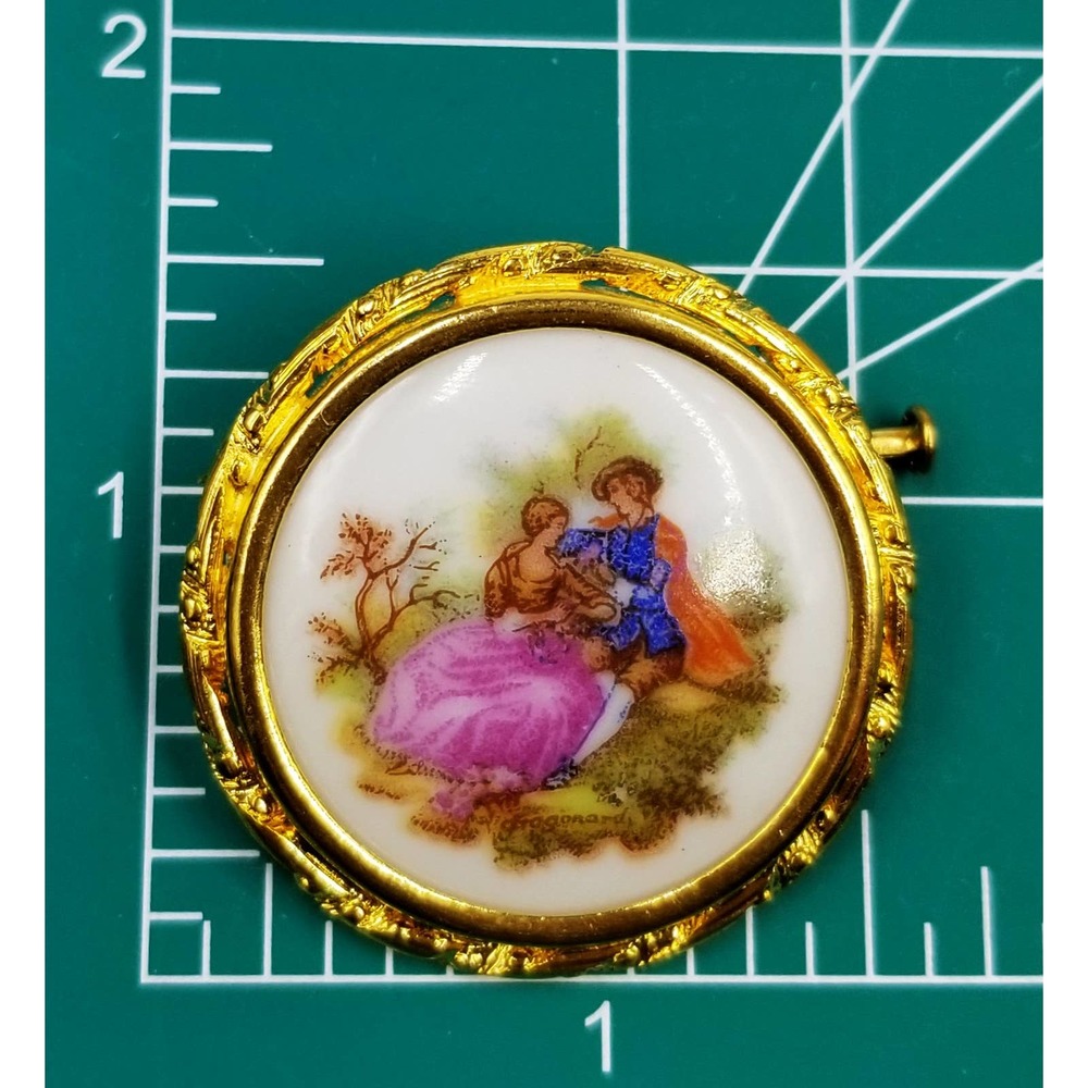 Vintage Porcelain Courting Couple Brooch Limoges France